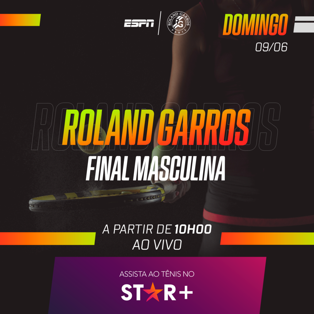A imagem informa que a partida final do Roland Garros acontecerá no domingo.