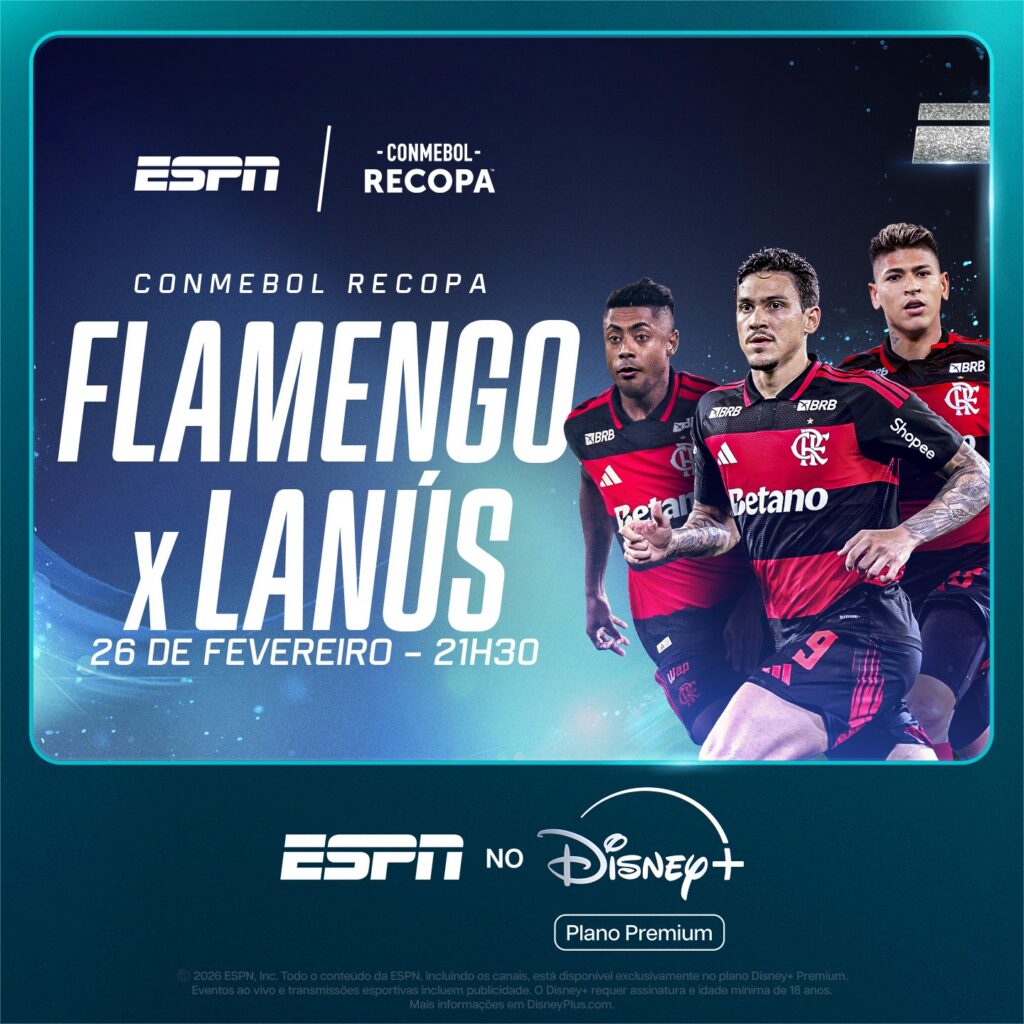 A ESPN e o Disney+ Premium exibirão com exclusividade o duelo entre Flamengo e Lanús, da Argentina, pela decisão da Recopa. Para acompanhar a partida, a emissora preparou uma ampla cobertura diretamente do Maracanã.